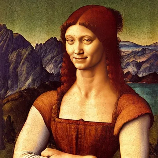 Image similar to Portrait of a smiling Italian woman with arms crossed, against a distant landscape background, 1505. Oil painting by Leonardo da Vinci.