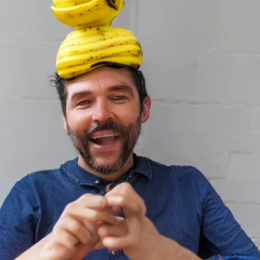 Image similar to photo of a man wearing a banana hat