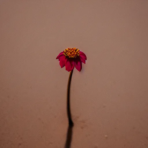 Image similar to a single small pretty desert flower blooms with a drop of moisture on a petal in the middle of a bleak arid empty desert, sand dunes, clear sky, low angle, dramatic, cinematic, tranquil, alive, life.