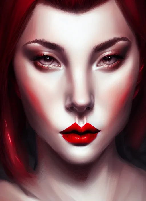 Image similar to portrait of female, red lips, dark hair, intricate, elegant, highly detailed, digital painting, artstation, concept art, smooth, sharp focus, illustration