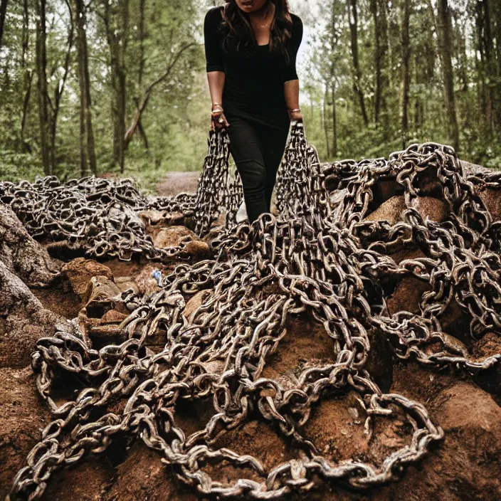 Prompt: a closeup of a woman dragging a pile of chains, in a forest, by Omar Z. Robles, CANON Eos C300, ƒ1.8, 35mm, 8K, medium-format print