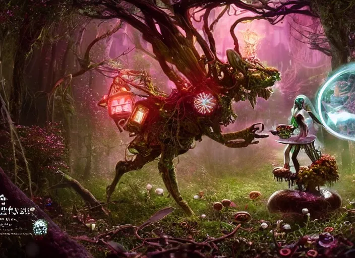 Prompt: 35mm intricate mechanical fairy with visible gears and electronics and optic Fibres sitting on top of a mushroom in a magical forest, having tea with a giant minotaur. Very detailed 8k. Fantasy cyberpunk horror. Sharp. Cinematic post-processing