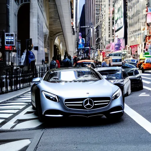 Prompt: photo of futuristic mercedes car in the streets on new york city,