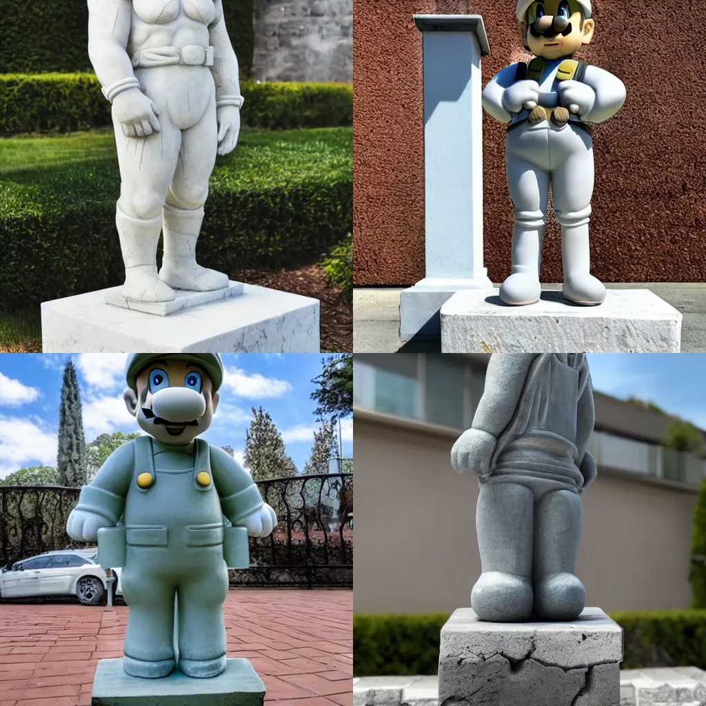 Prompt: A marble statue of Super Mario standing on a brick foundation