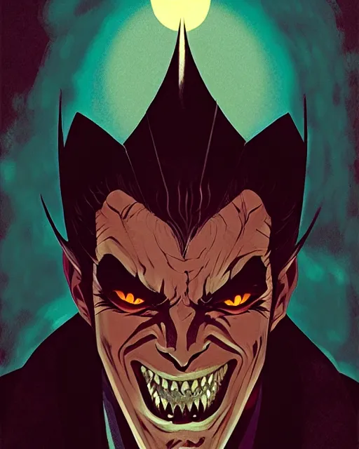 Image similar to handsome vampire king with crown and fangs, symmetrical face, evil, cinematic, dramatic, powerful, super detailed and intricate, by koson ohara, by darwyn cooke, by greg rutkowski, by satoshi kon