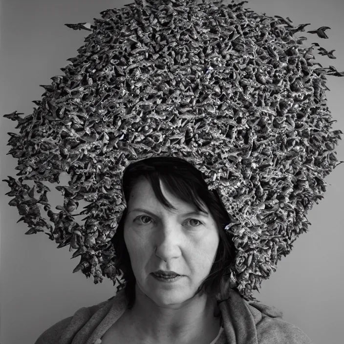 Image similar to a woman wearing a hood made of birds, in an abandoned office building, by helen warner, canon eos c 3 0 0, ƒ 1. 8, 3 5 mm, 8 k, medium - format print