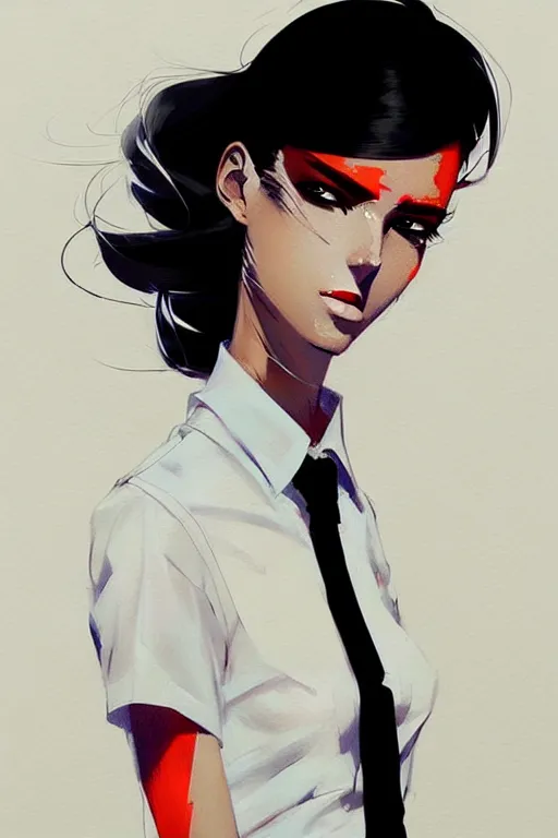 Image similar to a ultradetailed beautiful panting of a stylish woman, she is wearing a white shirt with a tie and black pants, by conrad roset, greg rutkowski and makoto shinkai trending on artstation