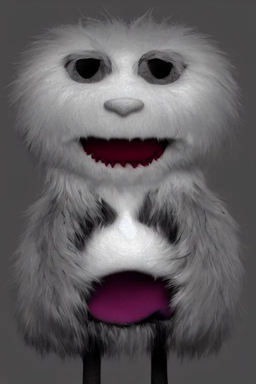 Prompt: 3 d model of adorable evil white fur monster with glowing eyes by alexander jansson : 1 | ray tracing, studio lighting, centered, dark matte background : 0. 9 | by jim henson : 0. 7 | dave melvin : 0. 4 | unreal engine, deviantart, artstation, octane, finalrender, concept art, hd, 8 k resolution : 0. 8