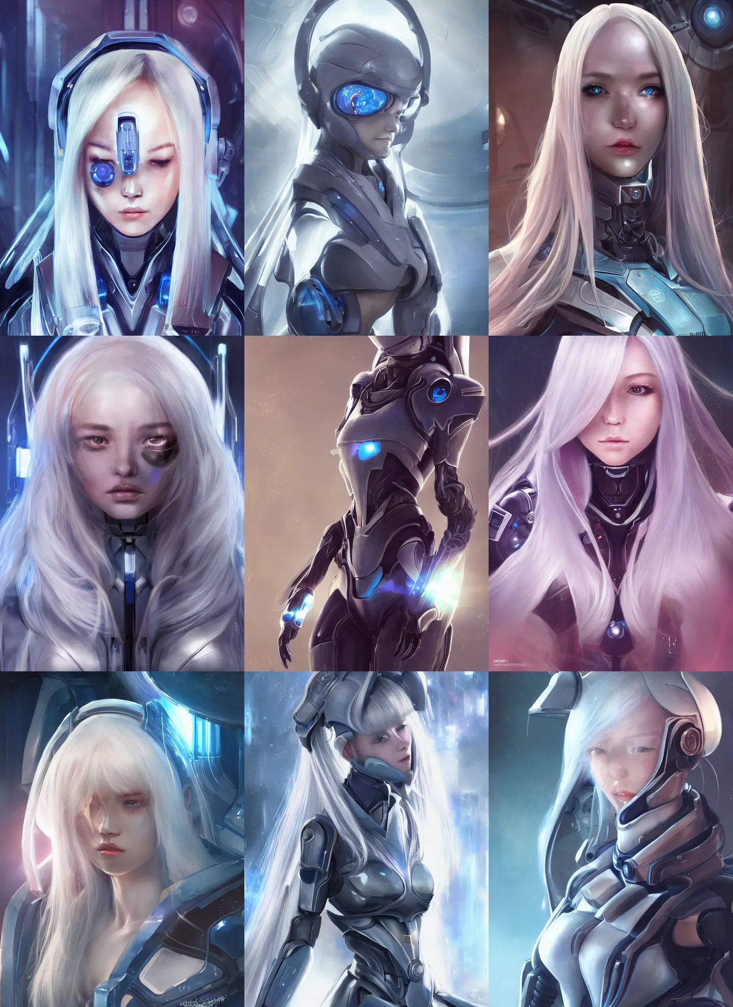 Prompt: perfect android girl, warframe armor, beautiful face, scifi, futuristic, space station, laboratory, kwak ji young, dreamy, long white hair, blue cyborg eyes, cinematic lighting, innocent, highly detailed, very cute, focused, artstation, divine, by gauthier leblanc, kazuya takahashi, huifeng huang, jama jurabaev