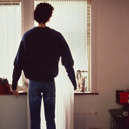 Prompt: kodak portra 4 0 0 photograph of a skinny guy wearing big black sweater standing in cluttered 9 0 s bedroom, back view!, moody lighting, telephoto, 9 0 s vibe, blurry background, vaporwave colors!, faded!,