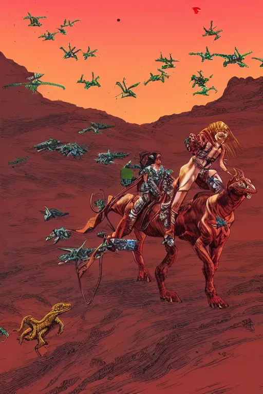 Image similar to beautiful amazons riding dinosaurs on mars against a backdrop of canyons, mercury rainbows in the sky and space fighters shooting, artwork by jean giraud