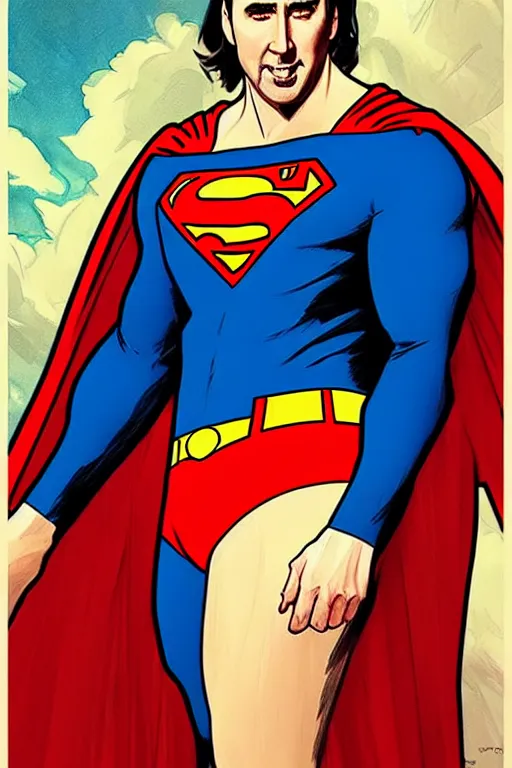 Image similar to nicholas cage as superman, in the style of art by artgerm and greg rutkowski and alphonse mucha