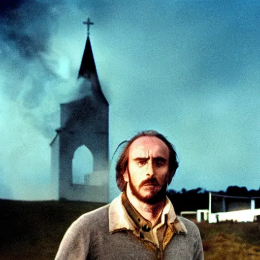 Image similar to horrifying photo of a four legged human idly staring ,hill of a burning small town a white wooden church is in the distance, bloody, by wes craven, 35mm film stock, creepy, disturbing