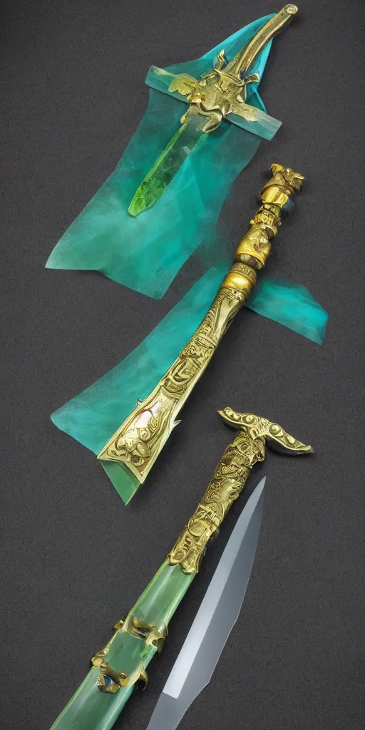 Image similar to photograph of a wide green and teal crystal sword blade attached to a big gold sword hilt