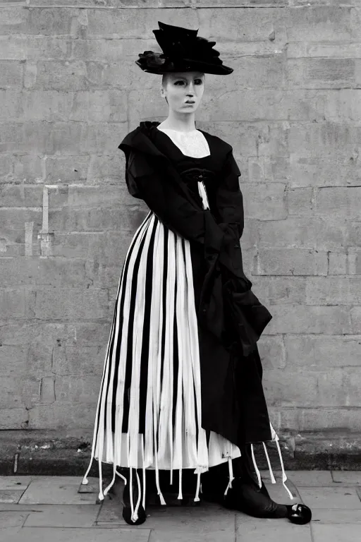 Prompt: high fashion photoshoot in london wearing 1 9 th century fashion inspired by issey miyake, vogue, wonderland. fashion photography, streetwear.