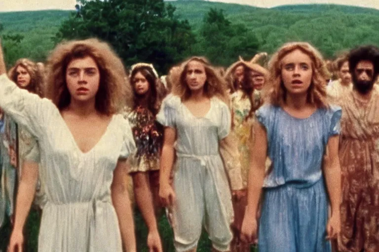 Image similar to vhs 1 9 8 0 s cinema footage of a scene from the movie midsommar directed by ari aster, vintage film grain