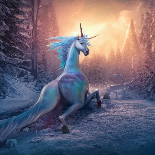 Image similar to a iridescent unicorn with wings is wounded in the snow, trail of blood follows behind it, nuclear winter, toxic smog in the sky, ultra realistic, concept art, intricate details, highly detailed, photorealistic, octane render, 8 k, style of mary jackson