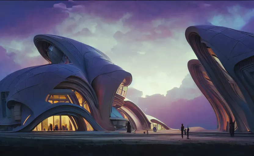 Prompt: exterior shot of utopian architecture school with cinematic lighting by zaha hadid and renzo piano, darek zabrocki and greg ruthkowski, alphonse mucha, simon stalenhag, cinematic, paradise, scifi, futurism, atmospheric, sunset, concept art, artstation, trending on artstation