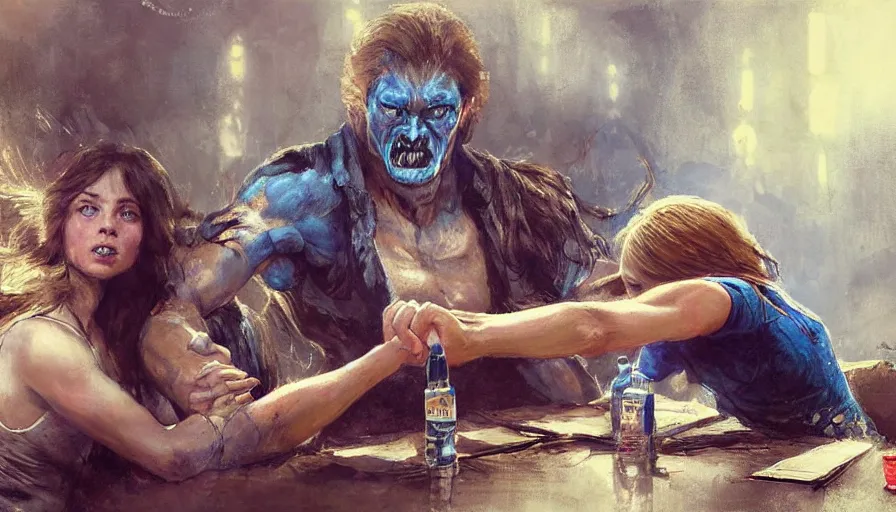 Prompt: arm wrestling between ( vladimir putin ) and ( ( ( a young pretty girl with long hair and blue eyes ) ) ), hyperrealistic, digital concept art, caricature illustration, violent. horror. art by gaston bussiere and greg rutkowski in yelow and blue color