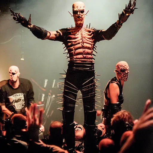 Prompt: Hellraiser cenobites in a metal band playing in front of a large crowd of nerds,