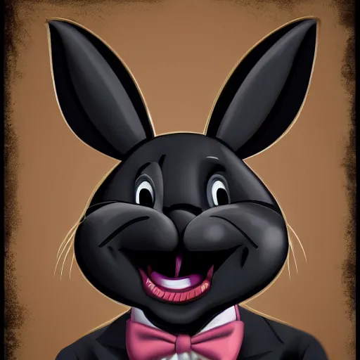 Image similar to A extremely highly detailed majestic hi-res beautiful, highly detailed head and shoulders portrait of a scary terrifying, horrifying, creepy black cartoon rabbit evil laughing standing up wearing pants and a shirt in the style of Walt Disney