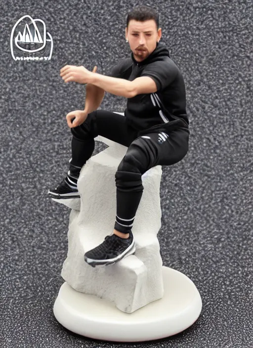 Prompt: 80mm resin detailed miniature of man squatting in black Adidas tracksuit, Product Introduction Photos, 4K, Full body,