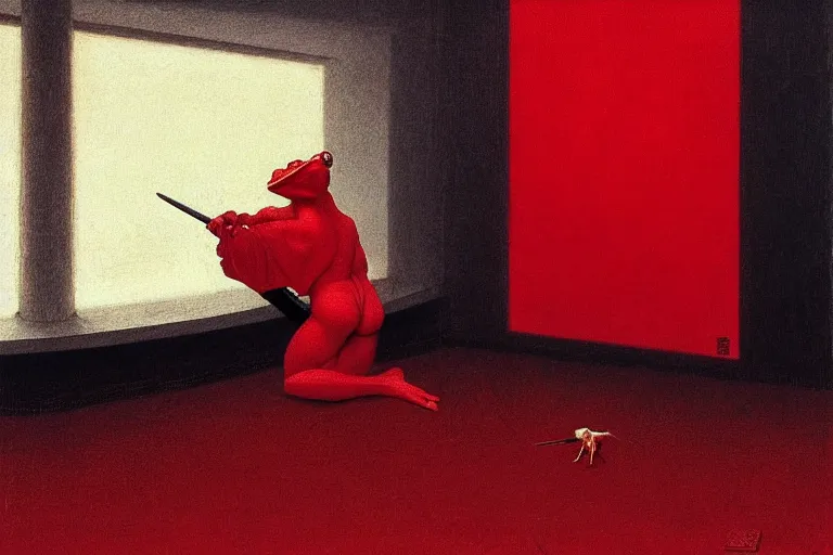 Image similar to only with red, a red samurai do seppuku, tokio, a lot of frogs watch, in the style of beksinski, parts by edward hopper, parts by rodcenko, parts by yue minjun, intricate and epic composition, red by caravaggio, insanely quality, highly detailed, masterpiece, red light, artstation, 4 k