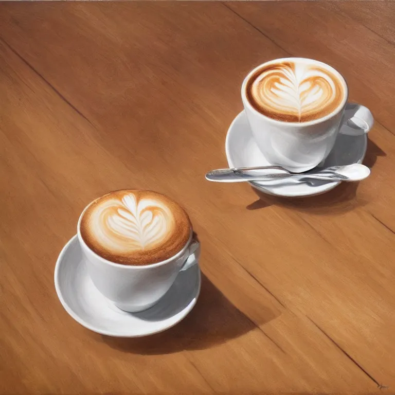 Prompt: a cup of coffee with fractal cream swirls on a wooden table, a hyperrealistic painting by sam spratt, trending on cgsociety, fantasy art, chalk art, hyper realism, hyper - realistic