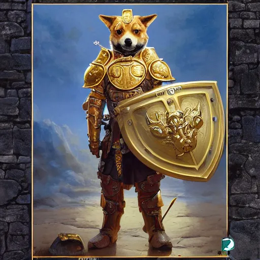 Prompt: anthropomorphic shiba inu, holy paladin armor, holding dragon slayer sword and shield, fantasy, holy light, portrait art by donato giancola and greg rutkowski, realistic face, visible holy aura, digital art, trending on artstation, symmetry