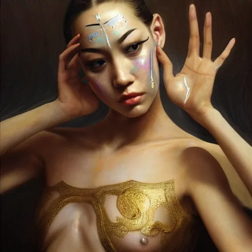 Image similar to Kiko Mizuhara body and face painted gold all over, physically accurate, very very very dramatic dynamic lighting, intricate, elegant, highly detailed, digital painting, artstation, very hyperrealistic, HR GIGER, Hieronymus Bosch, Francis Bacon, concept art, smooth, sharp focus, illustration, art by artgerm and greg rutkowski and alphonse mucha