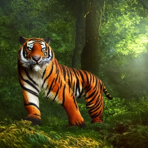 Image similar to fantasy tiger in a forest, landscape, highly detailed, sharp focus, octane render, illustration, 8k, trending on Artstation