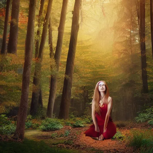 Prompt: dark red golden retriever in forest lake, matte painting in 4 k, concept art width 1 0 2 4 with young woman