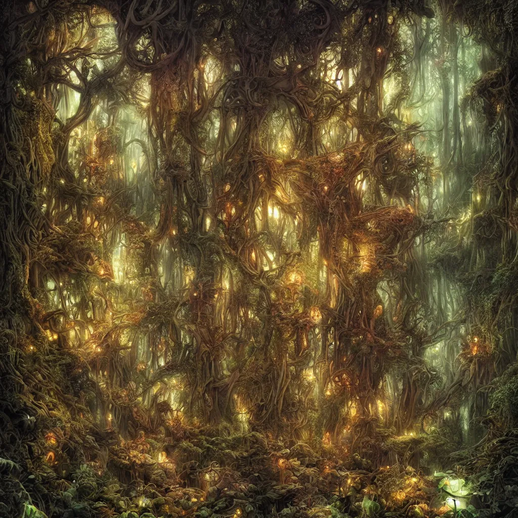 Prompt: an enchanted dark forest, low cinematic angle, by Michael Kaluta and Rodney Matthews, volumetric lighting, beautiful composition, intricate, elegant, digital art, detailed, mixed media painting, hyperrealistic, sharp focus, 8k