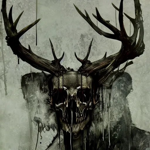 Image similar to leshen with deer skull deer antlers by emil melmoth zdzislaw belsinki craig mullins yoji shinkawa realistic render ominous detailed photo atmospheric by jeremy mann francis bacon and agnes cecile ink drips paint smears digital glitches glitchart