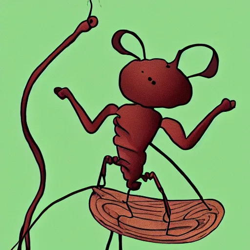 Prompt: cartoon ant with a sad, depressed expression holding a bindle