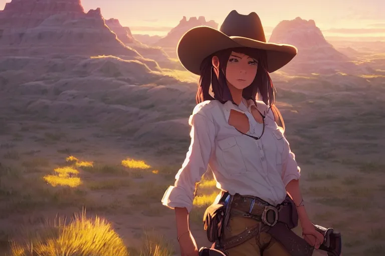 Image similar to western cowgirl in the badlands, single subject, scenic full shot, ambient lighting, detailed face, by makoto shinkai, stanley artgerm lau, wlop, rossdraws