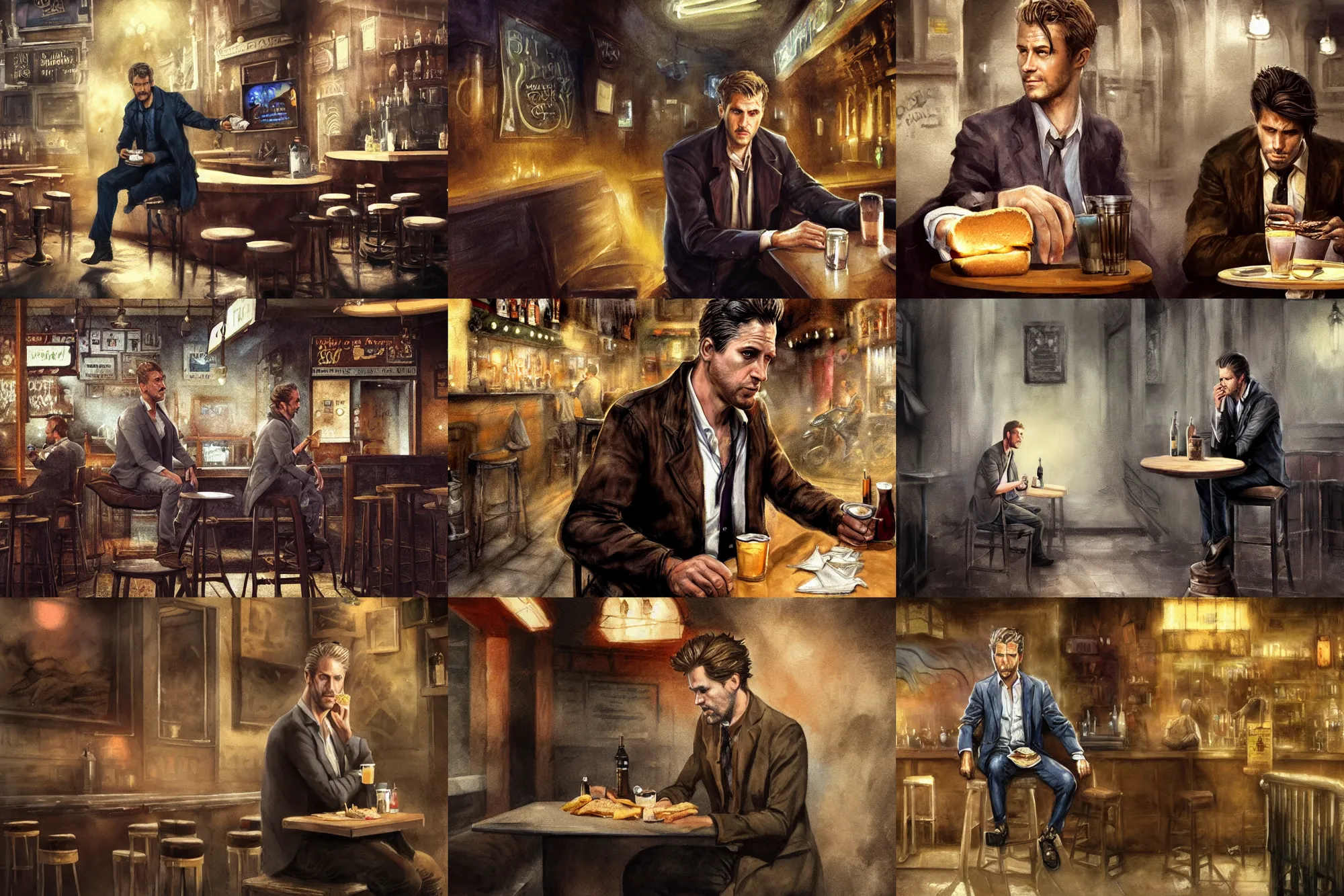Prompt: matte painting character illustration of john constantine sitting down on a barstool at a dive bar in london eating a sandwich, digital painting, illustration, constantine, john singer sargent, amazing values, 8 k, magical creatures in the background, watercolor texture, gothic, octane render, realistic face details, symmetrical face details, realistically rendered face, photorealistic eyes