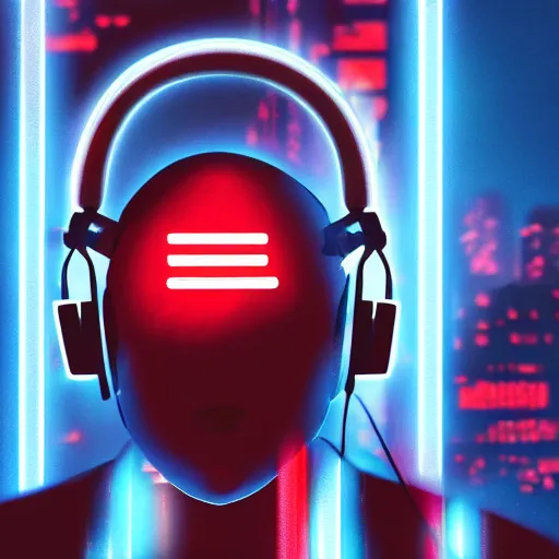 Image similar to a man, in red and blue spotlights, holds on to the headphones on his head, he wears dark visors, cyber songman, cyberpunk style, portrait, official art