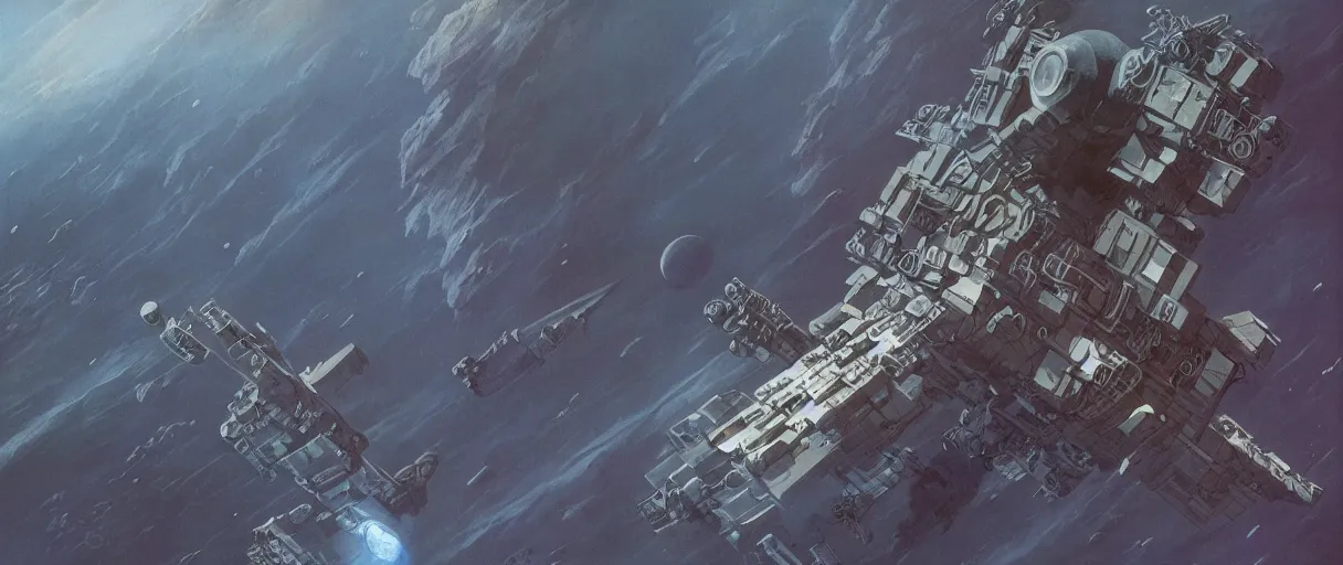 Image similar to concept art, a single military scouting spaceship, traveling to new worlds, deep space exploration, the expanse tv series, industrial design, dynamic angle, high energy and motion, spatial phenomena, cinematic lighting, 4k, greebles, widescreen, wide angle, beksinski, sharp and blocky shapes