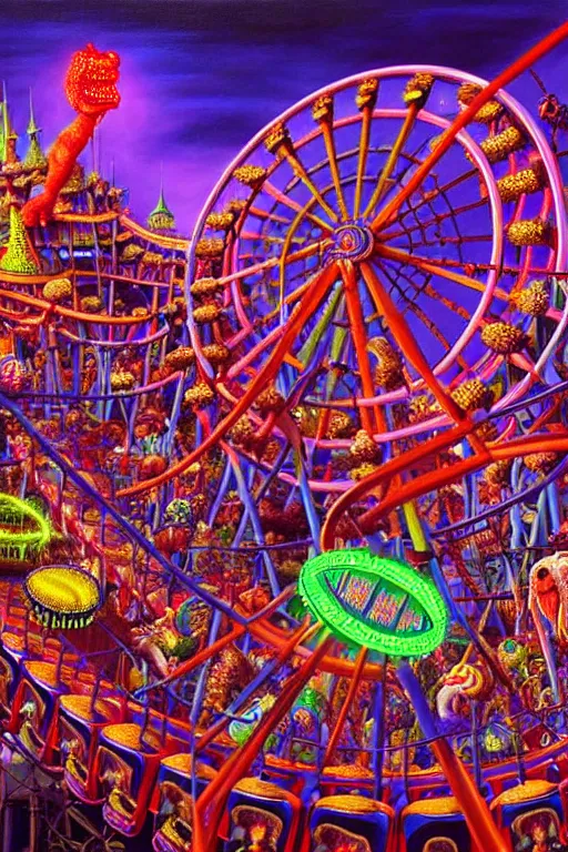 Image similar to a hyperrealistic detailed painting of an ornate evil carnival in town with rides, glowing lights, colorful, chimeric horror creatures riding a rollercoaster. cinematic lighting, depth perspective, depth of field, by chris cunningham and richard corben, highly detailed, vivid color,