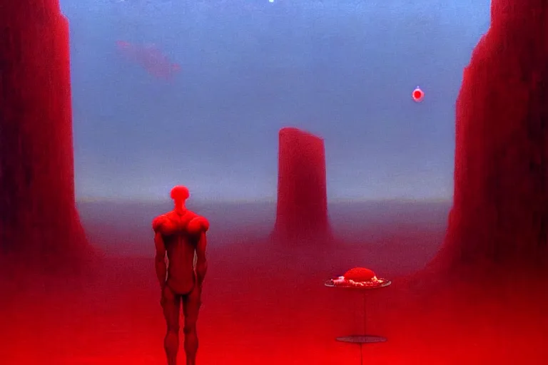 Image similar to only with red, a red god of death eat apple, a futuristic city on mars in background, an ancient path, pathos, in the style of beksinski, part by hopper, part by rodcenko, part by hofbauer, intricate composition, red by caravaggio, insanely quality, highly detailed, masterpiece, red light, artstation