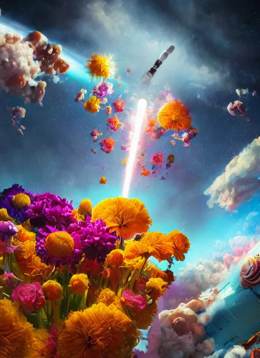 Image similar to An epic fantastic realism comic book style painting of the most beautiful flowers launched into space, bouquets, glorious galactic collision, sharp focus, fisheye, unreal 5, DAZ, hyperrealistic, octane render, dynamic lighting