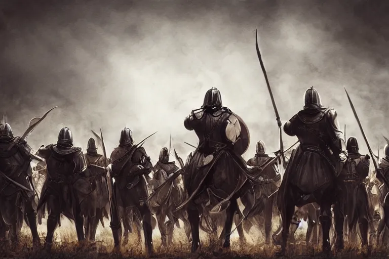 Image similar to realistic, medieval knights, soldiers, in line, pikes, hellbards, banner, flag, picture from behind, epic, digital art, illustration, fantasy, realistic sketch, dark, epic, realistic lighting