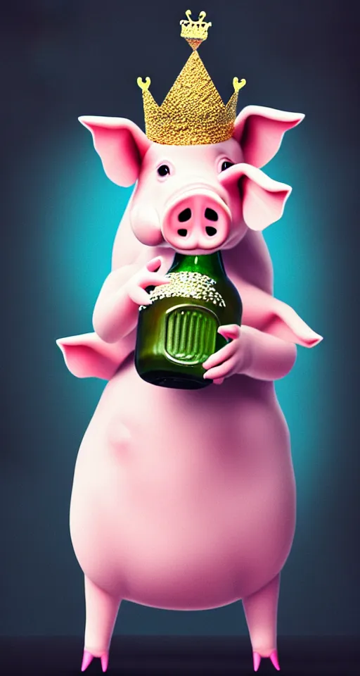 Image similar to cute pig wearing a crown holding a bottle, hyper realistic, ultra detailed, cinematic, dynamic lighting, photorealistic, refined, intricate, digital art, digital painting, masterpiece, 8k