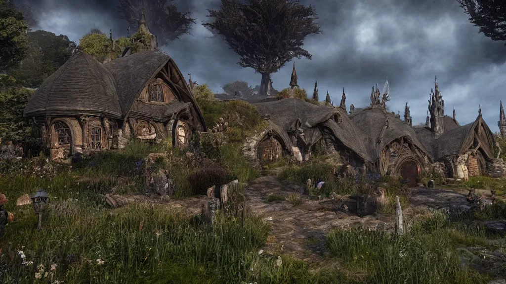 Image similar to wide shot of hobbiton in the style of dark souls, fromsoftware, elden ring, bloodborne