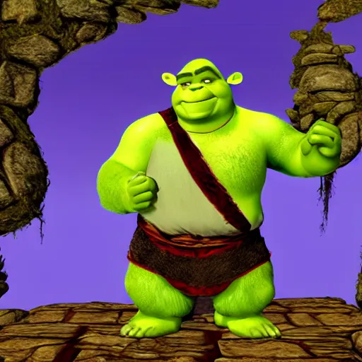 Prompt: Shrek in the style of Bard's Tale (2004), developed by inXile Entertainment. Shrek green orge in Bard's Tale