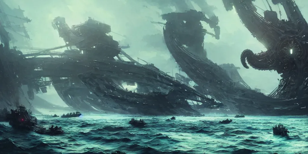 Prompt: A large ship armada is getting destroyed by a giant kraken monster. In style of Yoji Shinkawa and Hyung-tae Kim, trending on ArtStation, Greg Rutkowski, dark fantasy, great composition, concept art, highly detailed, scenery.