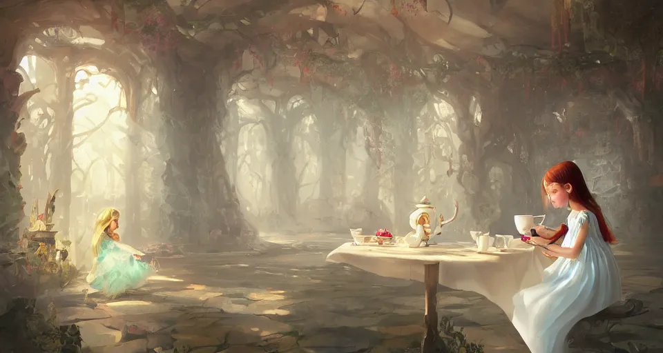 Prompt: a child girl in a white dress drinking tea in a room constructed out of warping tea cups by peter mohrbacher, vivid colors, matte painting, 8K, concept art, mystical color scheme, trending on artstation