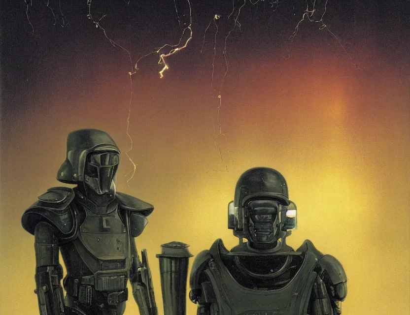 Image similar to a detailed portrait painting of a lone bounty hunter wearing combat armour and a reflective visor. Head and chest only. Movie scene, cinematic sci-fi scene. Flight suit, cloth and metal, accurate anatomy. portrait symmetrical and science fiction theme with lightning, aurora lighting. clouds and stars. Futurism by beksinski carl spitzweg moebius and tuomas korpi. baroque elements. baroque element. intricate artwork by caravaggio. Oil painting. Trending on artstation. 8k