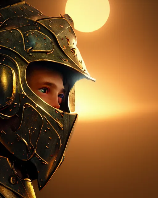 Image similar to macro closeup headshot of a boy wearing full plate armor, d & d, fantasy, rim light, volumetric lighting, digital painting, artstation, concept art, smooth, sharp focus, illustration, art by arney freytag, glamour pose, greg rutkowski, maxfield parrish and alphonse mucha, sunrise, new art nouveau, soft ambient lighting, particle effects